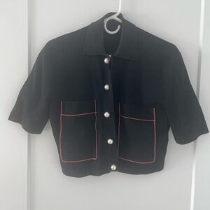 Sandro Black Short-Sleeve Jacket with Red Trim